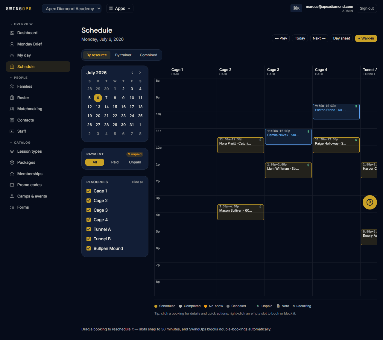 SwingOps schedule — cages, tunnels and mound booked across the day